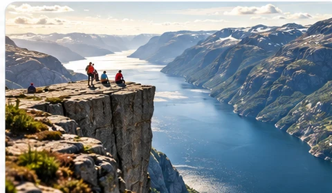 Hikers at Preikestolen overlooking Lysefjord in Norway
